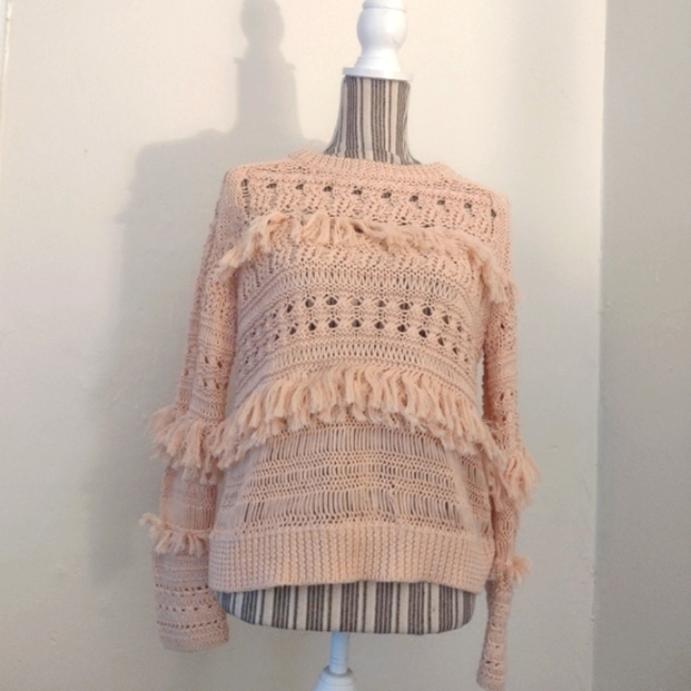 J Crew Pinkish Linen Blend Fringe Knit Pullover Sweater Size S